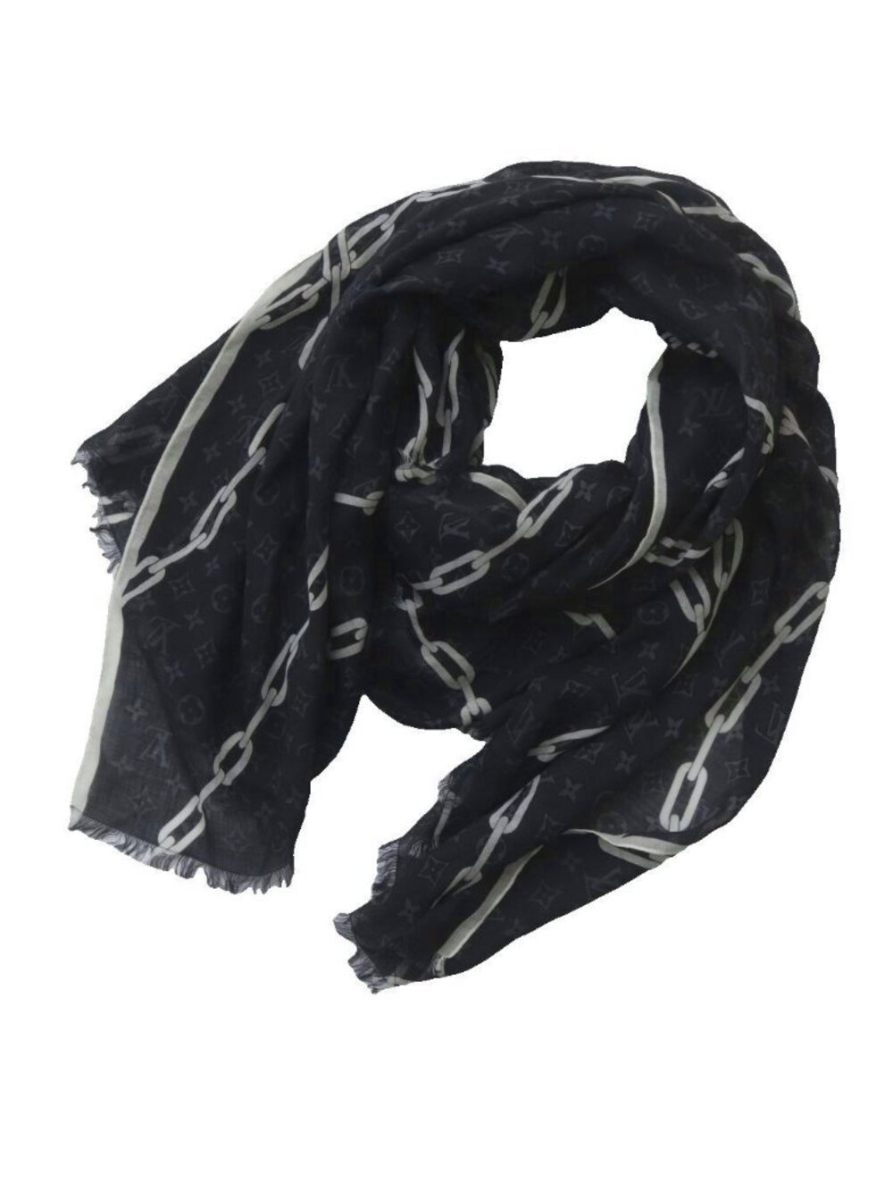 Louis Vuitton Shawl Large Monogram Etole Chain Fringe Black Scarf